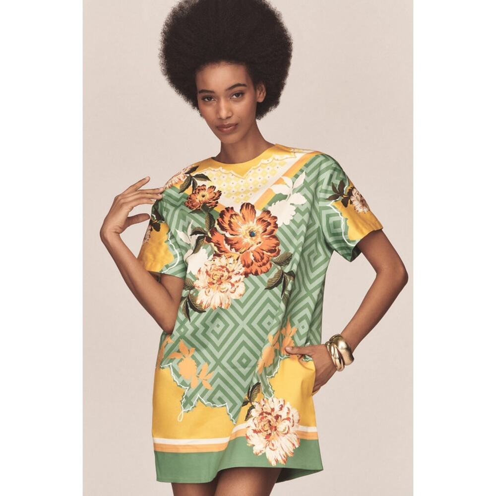 ANTHROPOLOGIE Scarf Print Floral Rayon Shift Mini Dress grandmillenial tshirt - Picture 3 of 8